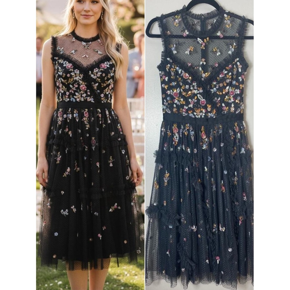 Needle & Thread Dress 2 Black Floral Sequin Whimsygoth Witchy Dark Fairy Indie